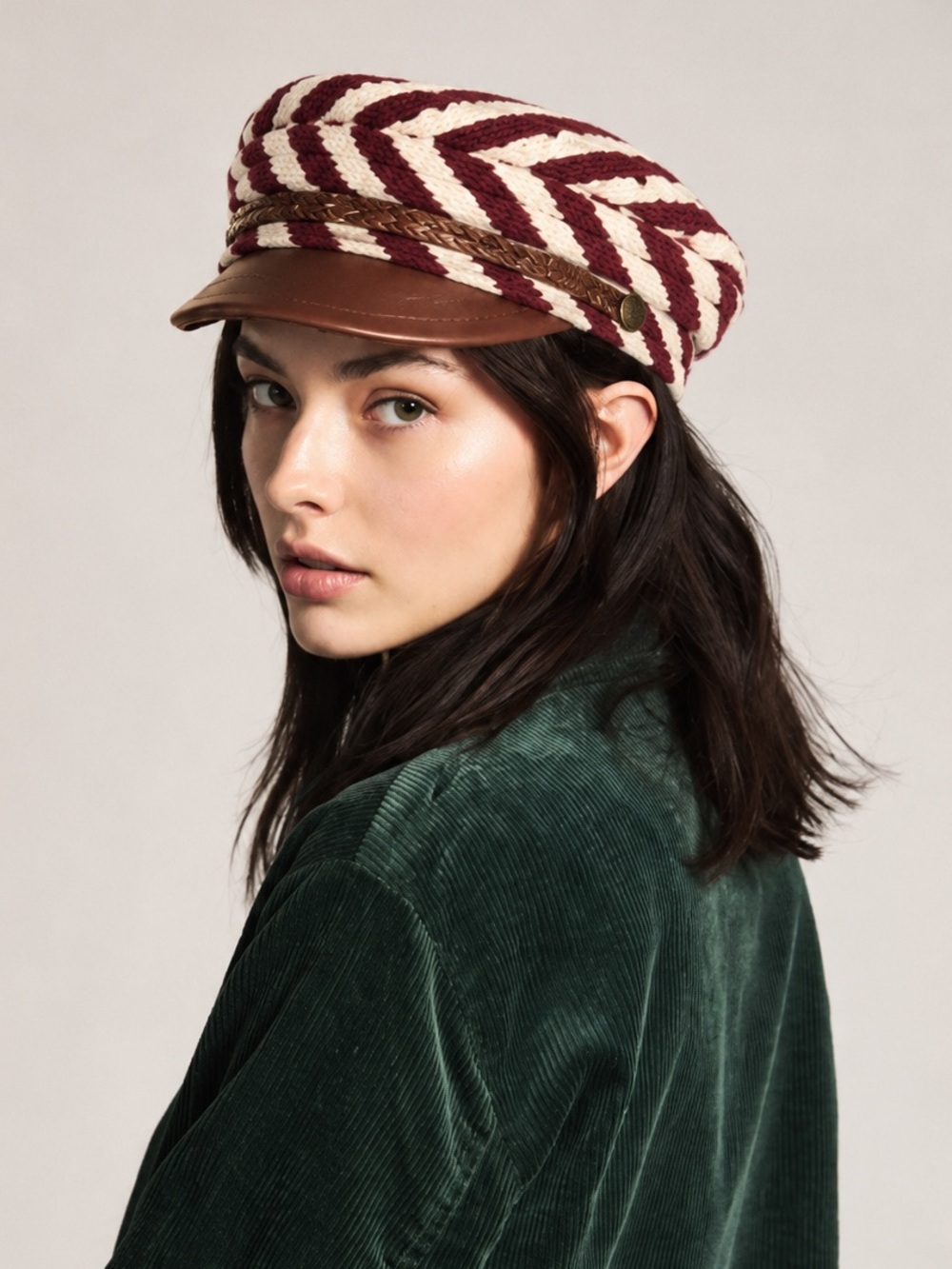 Brixton Albany Cap Burgundy Cream Striped Newsboy Nautical Sailor Hat Y2K